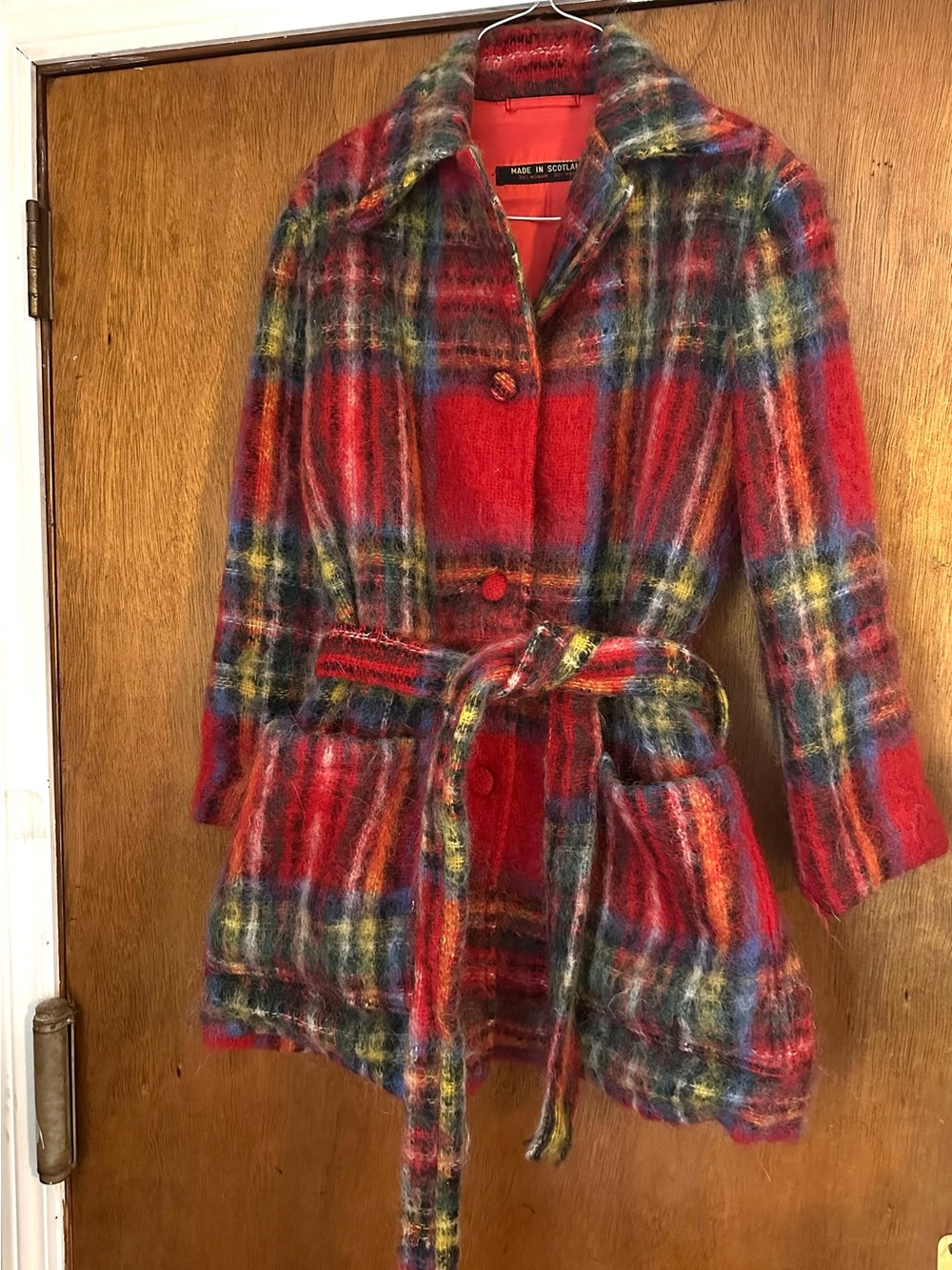 Scottish Mohair/Wool Car Coat Women's Sz M Classic Red Tartan Plaid Jacket
